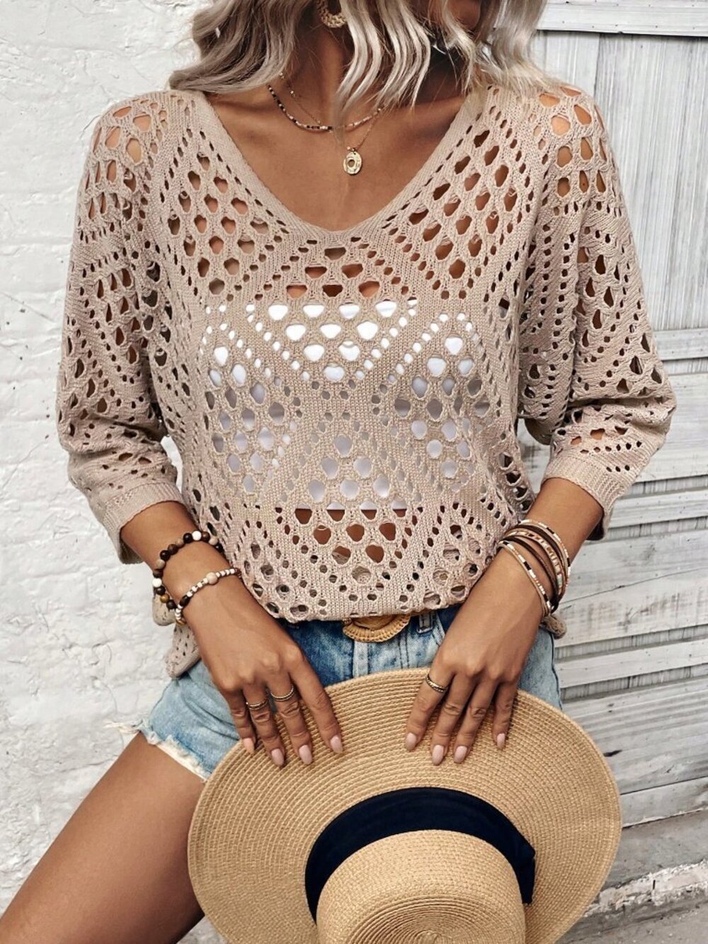 Khaki Casual Women's Loose 3/4 Sleeve Hollow Knit Top - Picture 5 of 7